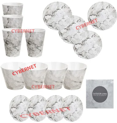 £8.95 • Buy Melamine Dinner Set Plastic Beakers Camping Picnic Plates Bowls -  MARBLE DESIGN