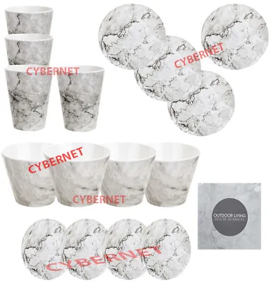 Melamine Dinner Set Plastic Beakers Camping Picnic Plates Bowls -  MARBLE DESIGN • £9.95