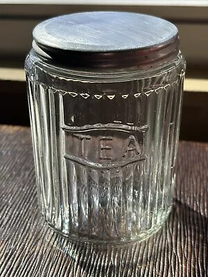 Vintage Hoosier Cabinet Glass TEA Embossed Raised Ribbed Jar W/ Original Old Lid • $24.95