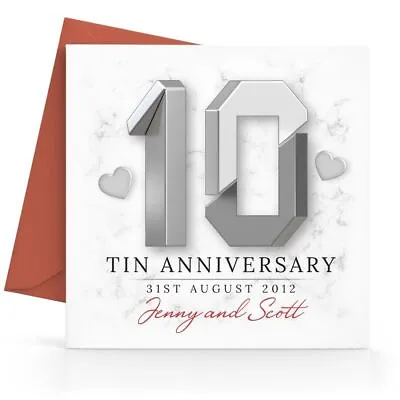 £2.95 • Buy Personalised 10th Tin Wedding Anniversary Card - Printed Number & Hearts Tenth