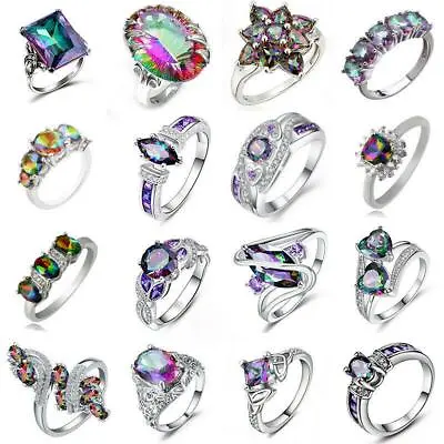 $2.32 • Buy Rainbow Mystic Fire Topaz Ring 925 Silver Crystal Rings Women Wedding CZ Jewelry