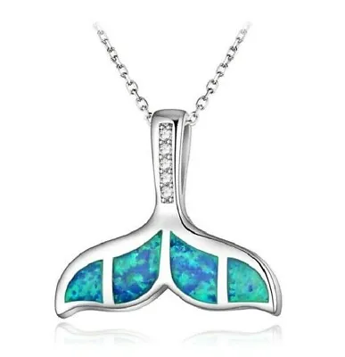 Blue Opalesque WHALE TAIL 3/4  X 3/4  Pendant Necklace With 17  Chain Mermaid • $6.99