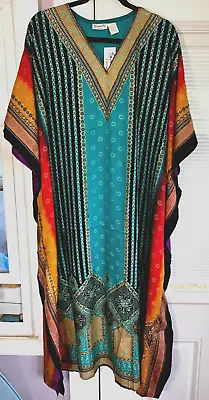 Nwt Sante Mumu Fits 1x- 3x  Caftan House Dress Teal Red Gold Purple Black Stripe • $21.99