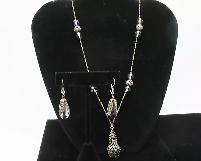 Antique Vtg Set Czech Brass Filigree Amethyst Purple Glass Necklace Earrings Lot • $44.99