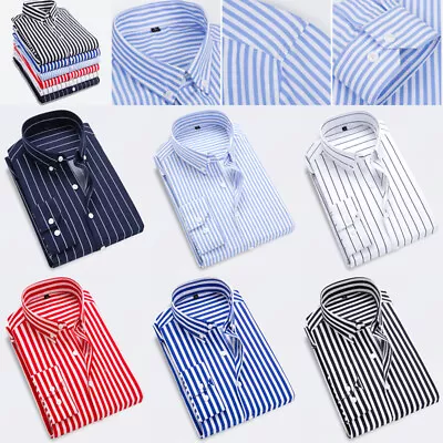 Men's Striped Shirt Button Casual Down Slim Fit Long Sleeve Formal Shirts Tops . • £14.33