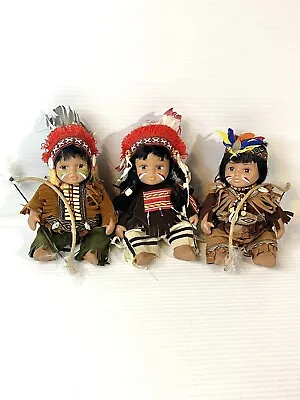 Vintage Native American 7.5” Ceramic Dolls 2 Males 1 Female W/ 2 Bows Set Of 3 • $28.78