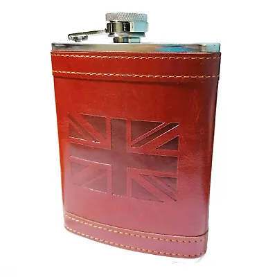 Hip Flask 8oz Union Jack Flasks Stainless Steel Brown Leather • £6.99