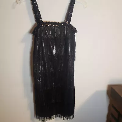 Black Fringe Metallic Flapper 1920s Retro Sequined Dress Size Womens Small 2 - 4 • $12