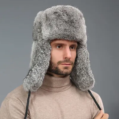 Men Rabbit Fur Hat Russia Trapper Earflap Winter Sking Cap Ushanka Gray Khaki • £27.41