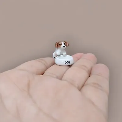 Dollhouse Miniature Ceramic Little Cute Dog With Bowl Figurine HandPaint Decor • $15.50
