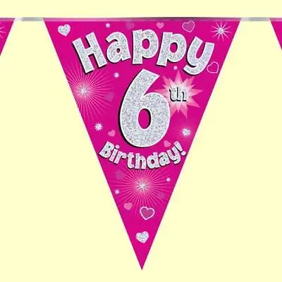 AGE 6 PINK BUNTING - 3.9 Metres  11 FLAGS BANNER  - GIRLS 6TH BIRTHDAY PARTY Six • £2.19