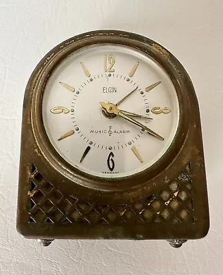 Vintage Elgin MUSICAL Alarm CLOCK Brass Germany Oh What A Beautiful Morning! • $75