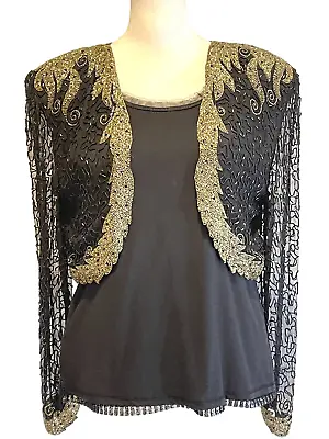 VTG SILK ESSENCE Jacket Large Bolero Heavily Beaded Cocktail Cruise Eveningwear • $32.98