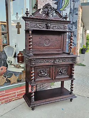 Antique Black Forest Wood Carved Oak  Hunt Cabinet Cupboard Birds Stag Lion • $1899.99