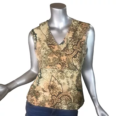 MKM Designs XL Vintage 90's Y2K Ruffle V Neck Paisley Top Brown Beige Blouse • $22