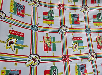 VTG MEXICAN FIESTA FOOD CORN SOMBRERO SQUARE LINEN TABLECLOTH 45  X 45  1950's • $29.99