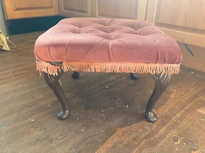 Vintage Morris Dark Red Velour Button Top Footstool With Queen Anne Legs • £23.99