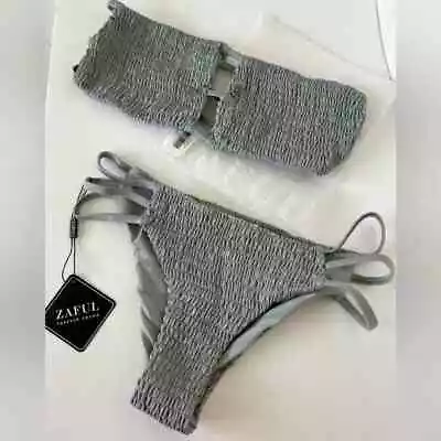 Zaful Size Large Womens Bikini Swim Bathing Suit Gray Smocked • $15