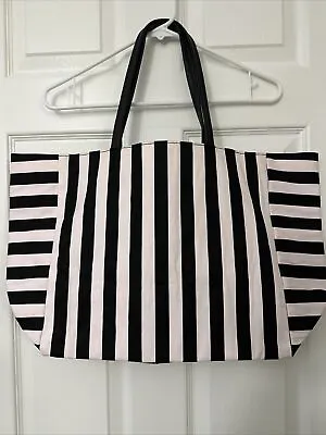 NWOT Victoria Secret Tote XL Beach Overnight Bag Stripes Pink Black 21x13x7in • $24.99