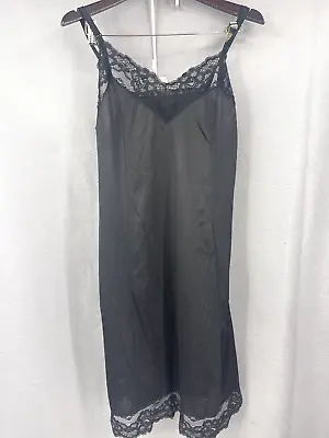 Velrose Dress Slip 42 L Silky Black Nylon Scalloped Lace Hem Full USA Adjustable • $20.97