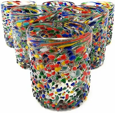 Hand Blown Mexican Drinking Glasses – Set Of 6 Confetti Rock Tumbler Glasses... • $47.99