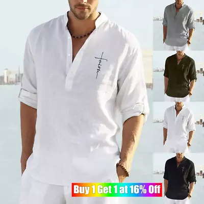 Mens Long Sleeve Shirts Solid Loose Casual Shirt Blouse Top Cotton Summer • £7.43