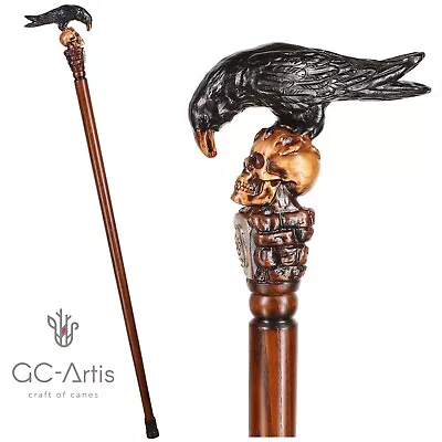 Black Crow & Skull  Wooden Walking Cane Stick Goth Style Gravestone • $225