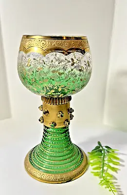 Moser Green Goblet/Chalice With Gold Accent 1900's Czech Republic Bohemia   ML • $188.10