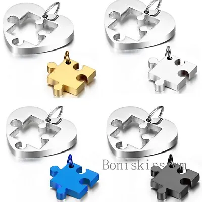 2PCS Stainless Steel Couples Love Heart Puzzle Matching Pendant Necklace Chain • $11.99