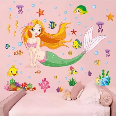 Lovely Mermaid Wall Stickers Ocean Nursery Children Kids Girl Room Wall Decals • £6.79