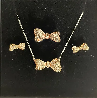 ZALES 925/18KGP Rose Gold Puff Bow White Sapphire Necklace Earrings & Ring Set • $220