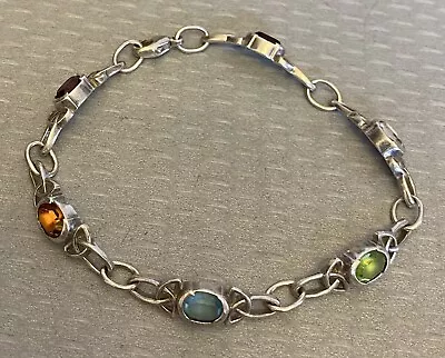 925 IRELAND Celtic Sterling Silver Multi Gemstone Bracelet Bezel Set Line 7.5  • $39.95