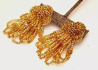 Vintage Handmade Gold Color Glass Seed Beaded Clip On Dangle Fashion Earrings • $12.99