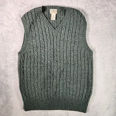 LL Bean Sweater Vest Mens Medium Green Lambs Wool Blend Cable Knit V-Neck Preppy • $24