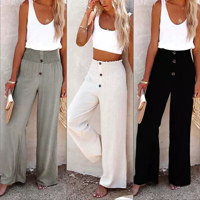 Women Cotton Linen Trousers Summer Ladies Casual Elastic Waist Bottoms Pants • £9.18