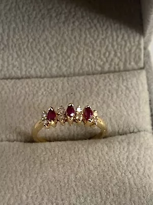 Vintage Ladies 14kt Yellow Gold Ring Marquise Rubies & Diamonds Size 5.5 • $225