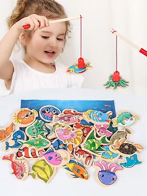 Wooden Magnetic Fishing Toys For Baby Cartoon Marine Life Cognition Fish Games • $19.99