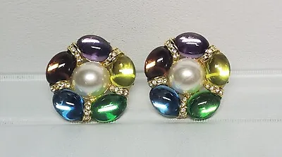 Park Lane Gold Lucite Cabochon & Swaorvski Crystal Vintage Clip On Earrings(J-4) • $295