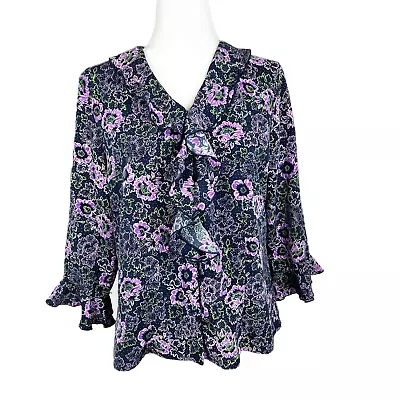 Sag Harbor Button Down Shirt Women 12 Floral All Over Print Ruffled Blouse VTG • $17.50