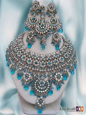 Silver Plated Jodha Akbar Kundan Zerconic Indian Necklace Earrings Tikka Set 3 • $28.80