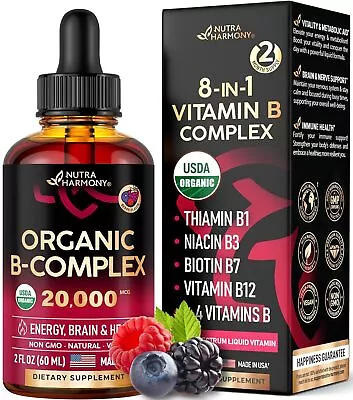 Organic Vitamin B Complex Liquid Drops - B1 B2 B3 B5 B6 B7 B8 B9 B12 • $29.99