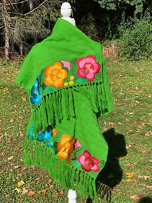 Fringed Rebozo Wrap Shawl Woven Flowers 70x20  Mexican Green Floral J36 • $34.90