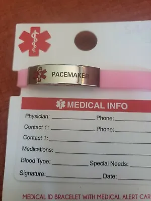 Medical ID Bracelet.  Pacemaker.  Pink Rubber. • $4.99