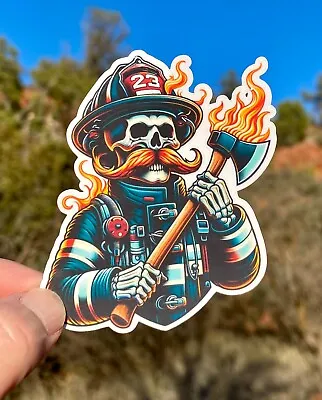 2  Firefighter Skeleton With Fiery Mustache And Axe Sticker Decal Gift Skull • $3.50
