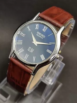 Seiko Slim Quartz Japanese BLUE FACE DIAL Wrist Watch For Men's SQ55 • £18.66