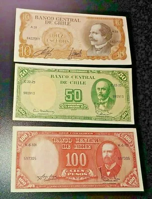 Chile Vintage Escudo Banknotes - Lot Of 3 UNC     H • $25