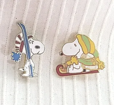 Two 2 Vtg 70s 80s Snoopy Enamel Aviva Ski Winter Theme Pin Button Taiwan Peanuts • $34