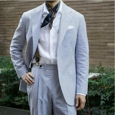 Blue Striped Seersucker Men's Suits Summer Leisure Beach Jackets Formal Tuxedos • $108.29