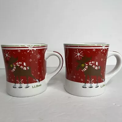 L.L. Bean Moose Mugs Cups Red Holiday 2010 Set Of 2 EUC Heavy Ceramic Skating • $34.95