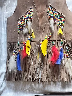 Mens Leather Vest Fringed Beaded With Feathers • $99.50